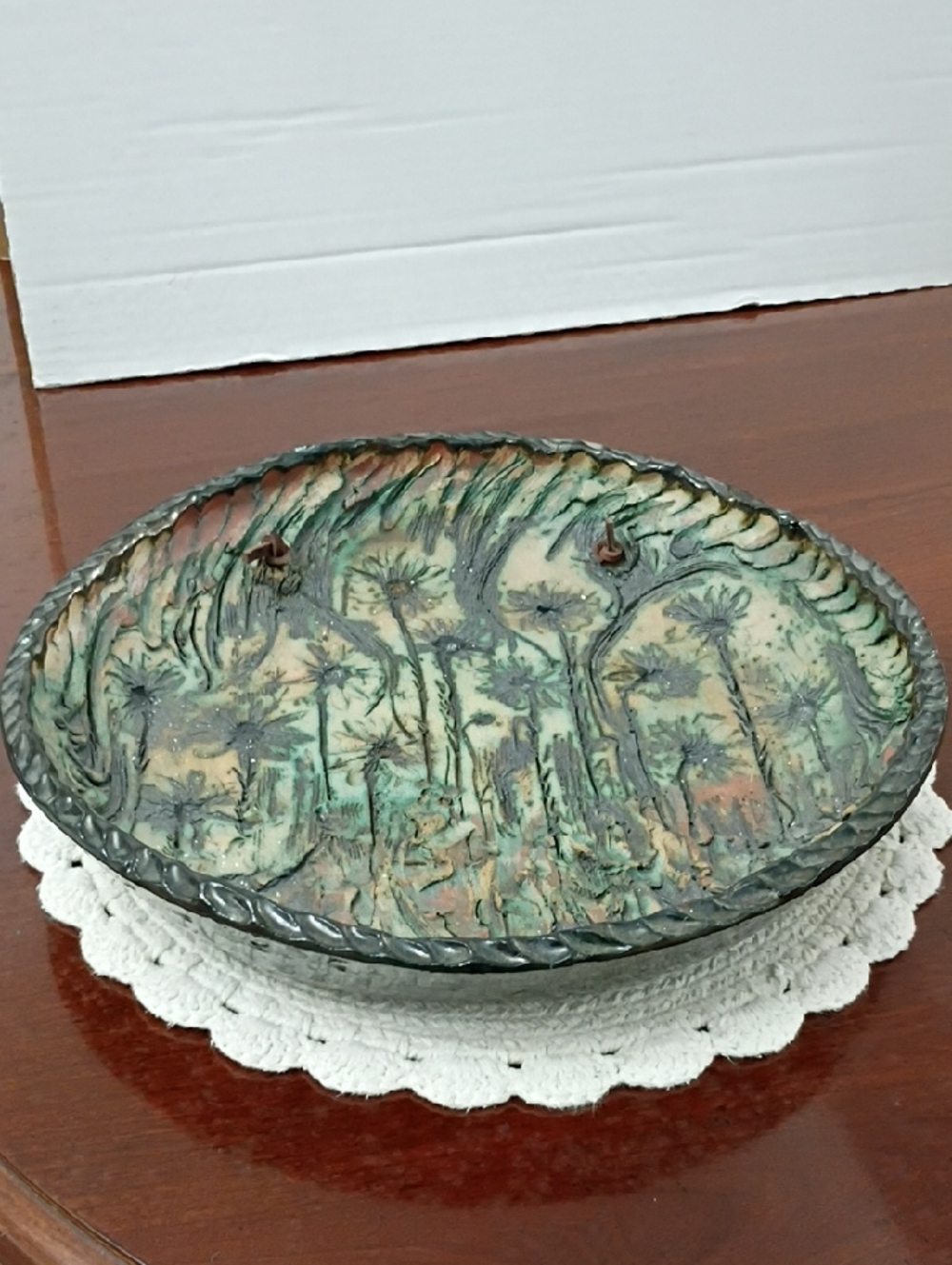 Handcrafted Green Botanical Ceramic Bowl with Braided Rim